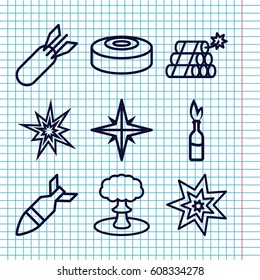 Set of 9 explode outline icons such as rocket bomb, dynamite, explosion, smoke bomb