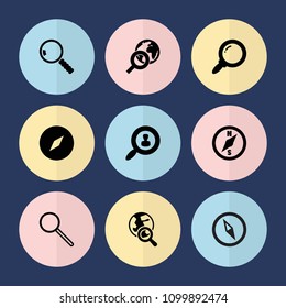 Set of 9 exploration filled icons such as compass, user search, search, globe search