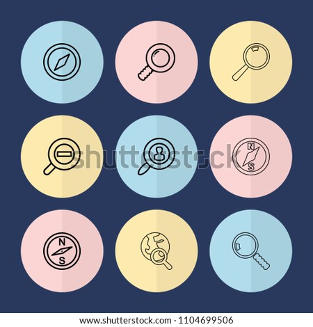 Set of 9 exploration outline icons such as compass, search, zoom out, user search