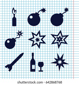 Set of 9 explosion filled icons such as explosion, bomb, rocket bomb, dynamite, wine glass and bottle