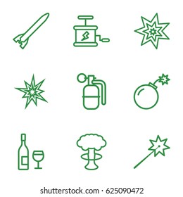 set of 9 explosion outline icons such as bomb, dynamite, rocket bomb, wine glass and bottle, explode