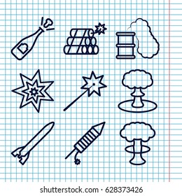 Set of 9 explosion outline icons such as fireworks, dynamite, explosion, smoking can, rocket bomb, opened champagne, nuclear explosion