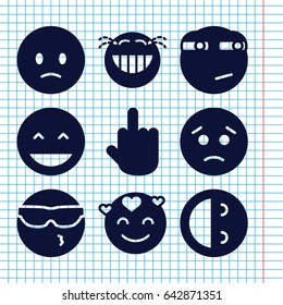 Set of 9 expression filled icons such as laughing emot, sad emot, rolling eyes emoji