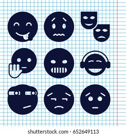 Set of 9 expression filled icons such as sad emot, angry emot, emoji, rolling eyes emoji