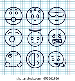Set of 9 expression outline icons such as cool emot in sunglasses, sweating emot, emoji angel