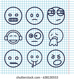 Set of 9 expression outline icons such as sad emot, angry emot, emoji, emoji showing tongue