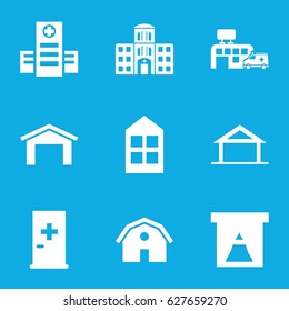 set of 9 exterior filled icons such as home, aid post, barn, garage, window, hospital