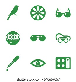 set of 9 eye filled icons such as sparrow, pipette, eyeshadow palette, welding glasses, nerd emoji, eye, sunglasses