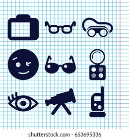 Set of 9 eye filled icons such as baby monitor phone, eyeshadow palette, welding glasses, wink emot, eye, camera display, sunglasses, glasses