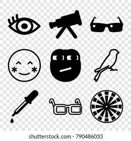 Set of 9 eye filled and outline icons such as pipette, telescope, eye, sunglasses, sparrow, blush, glasses, dart