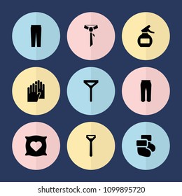 Set of 9 fabric filled icons such as pillow with heart on it, tie, pants, baby socks, spray bottle