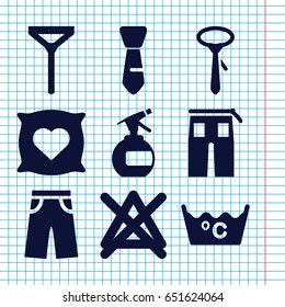 Set of 9 fabric filled icons such as pillow with heart on it, spray bottle, laundry, no bleaching, tie