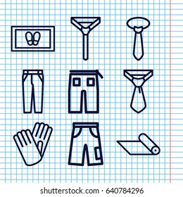 Set of 9 fabric outline icons such as foot carpet, tie, pants, gloves