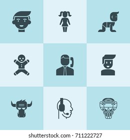 Set of 9 face filled icons such as call center, boy, baby, girl, bull, gingerbread