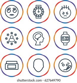  set of 9 face outline icons such as face, cream box, human brain, wrist watch for woman, wrist dial watch, angry emot, rolling eyes emot, sick emot
