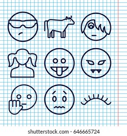 Set of 9 face outline icons such as cow, girl, eyelashes, sad emot