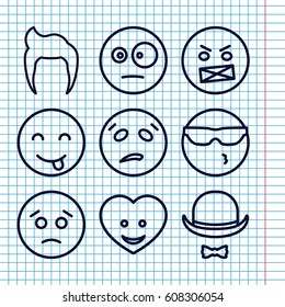 Set of 9 facial outline icons such as man hairstyle, heart face, hat and moustache, sad emot