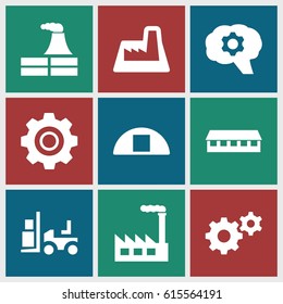 set of 9 factory filled icons such as factory, barn, gear, forklift