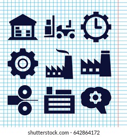 Set of 9 factory filled icons such as factory, forklift, cargo barn, clock in gear, building, gear