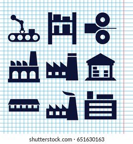 Set of 9 factory filled icons such as factory, barn, cargo barn, building, conveyor and robot arm