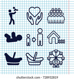 Set of 9 family filled and outline icons such as baby basket, baby, house, son and father, group, father with baby, hand with heart