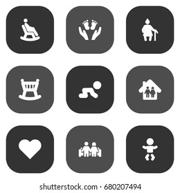 Set Of 9 Family Icons Set.Collection Of Rocking Chair, Family In Home, Creep Baby And Other Elements.