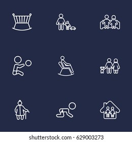 Set Of 9 Family Outline Icons Set.Collection Of Couple, Man In Armchair, Crawling Kid And Other Elements.