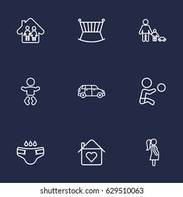 Set Of 9 Family Outline Icons Set.Collection Of Playing, Pregnant Woman, Crib And Other Elements.