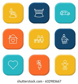 Set Of 9 Family Outline Icons Set.Collection Of Lovers, Baby, Car And Other Elements.