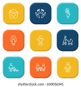 Set Of 9 Family Outline Icons Set.Collection Of Stroller, Home, Pregnant Woman And Other Elements.