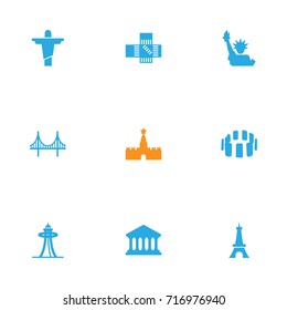 Set Of 9 Famous Icons Set.Collection Of Academy, Seattle, Bridge And Other Elements.