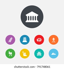 Set Of 9 Famous Icons Set.Collection Of Seattle, America, Great Pyramid And Other Elements.