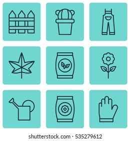 Set Of 9 Farm Icons. Includes Garden Clothes, Autumn Plant, Grains And Other Symbols. Beautiful Design Elements.