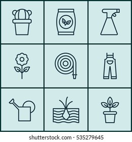 Set Of 9 Farm Icons. Includes Fire Tube, Grains, Sprinkler And Other Symbols. Beautiful Design Elements.