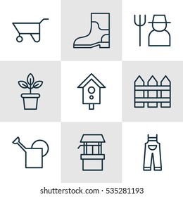 Set Of 9 Farm Icons. Includes Water Source, Grower, Bailer And Other Symbols. Beautiful Design Elements.