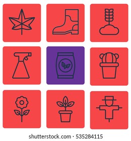 Set Of 9 Farm Icons. Includes Desert Plant, Flowerpot, Rubber Boot And Other Symbols. Beautiful Design Elements.