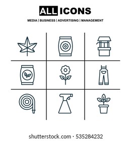 Set Of 9 Farm Icons. Includes Water Source, Garden Clothes, Fire Tube And Other Symbols. Beautiful Design Elements.