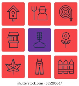 Set Of 9 Farm Icons. Includes Birdhouse, Cereal, Water Source And Other Symbols. Beautiful Design Elements.