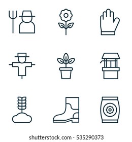 Set Of 9 Farm Icons. Includes Rubber Boot, Decorative Plant, Cereal And Other Symbols. Beautiful Design Elements.