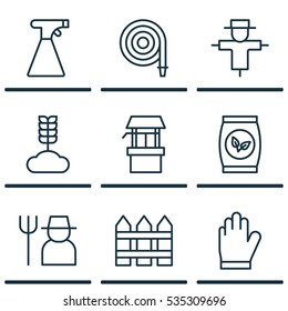 Set Of 9 Farm Icons. Includes Grains, Sprinkler, Fire Tube And Other Symbols. Beautiful Design Elements.