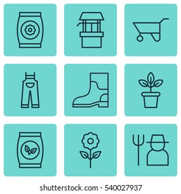 Set Of 9 Farm Icons. Includes Water Source, Decorative Plant, Garden Clothes And Other Symbols. Beautiful Design Elements.