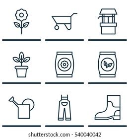 Set Of 9 Farm Icons. Includes Bailer, Decorative Plant, Grains And Other Symbols. Beautiful Design Elements.