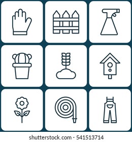 Set Of 9 Farm Icons. Includes Protection Mitt, Desert Plant, Barrier And Other Symbols. Beautiful Design Elements.