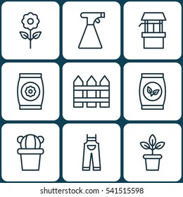 Set Of 9 Farm Icons. Includes Decorative Plant, Desert Plant, Garden Clothes And Other Symbols. Beautiful Design Elements.