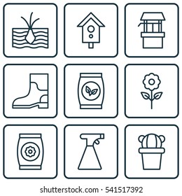 Set Of 9 Farm Icons. Includes Growing Plant, Birdhouse, Rubber Boot And Other Symbols. Beautiful Design Elements.