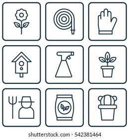 Set Of 9 Farm Icons. Includes Sprinkler, Desert Plant, Flowerpot And Other Symbols. Beautiful Design Elements.