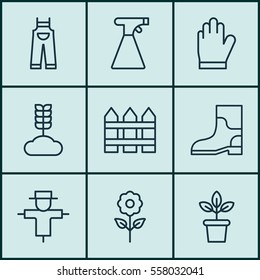 Set Of 9 Farm Icons. Includes Flowerpot, Decorative Plant, Protection Mitt And Other Symbols. Beautiful Design Elements.