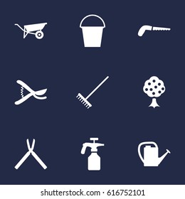 Set Of 9 Farm Icons Set.Collection Of Rake, Wheelbarrow, Hacksaw And Other Elements.