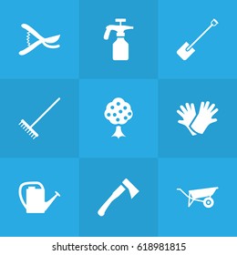 Set Of 9 Farm Icons Set.Collection Of Wheelbarrow, Latex, Spray Bootle And Other Elements.
