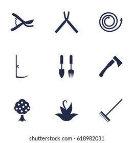 Set Of 9 Farm Icons Set.Collection Of Axe, Pruner, Cutter And Other Elements.